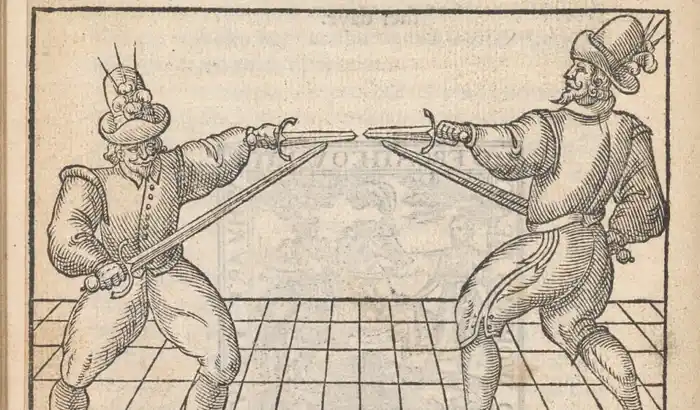 Illustration from Vincentio Saviolo his Practise, showing how to fight with rapier and dagger. BRITISH LIBRARY