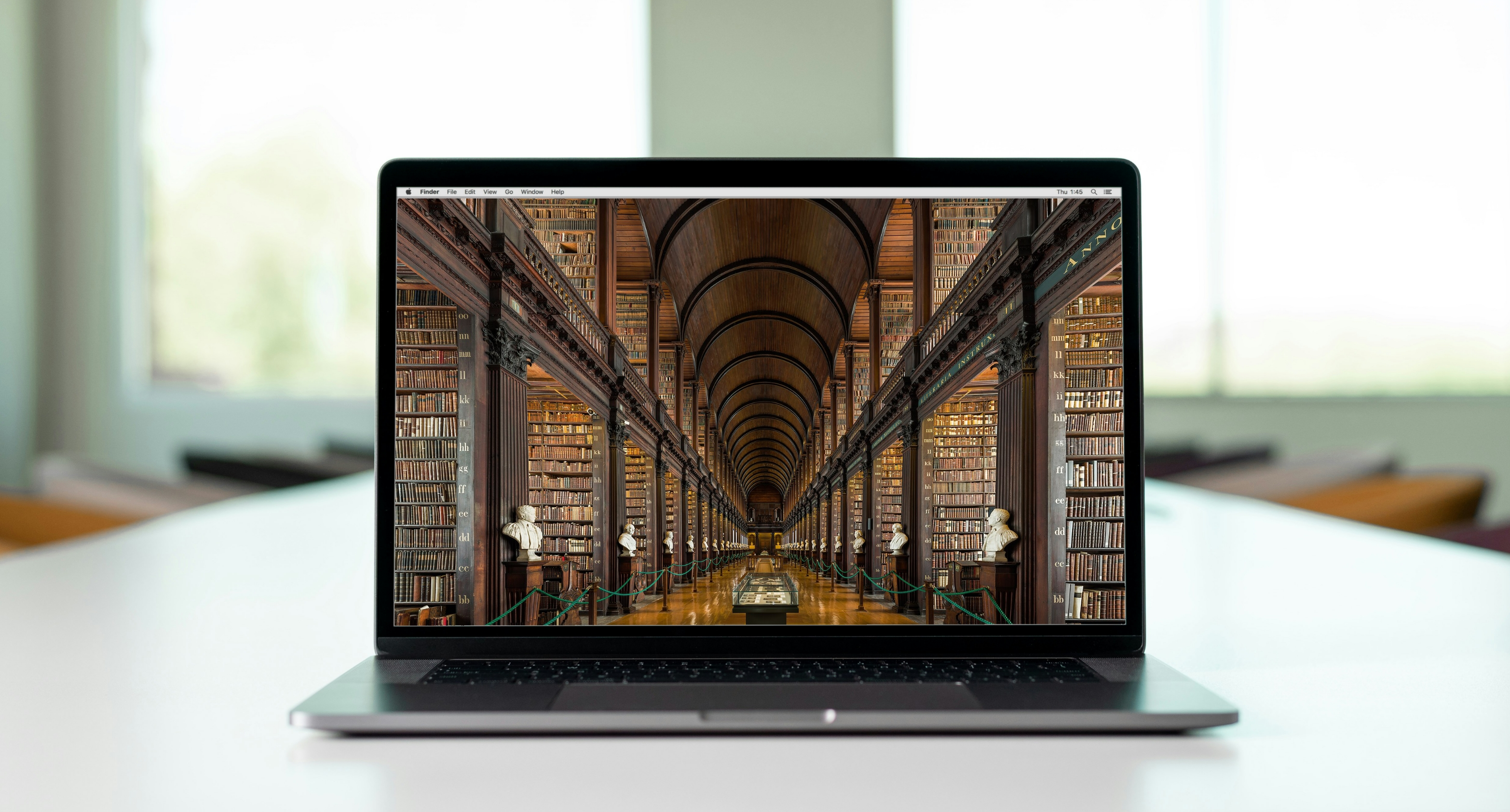 The magnificent library of Trinity Dublin, on a laptop screen