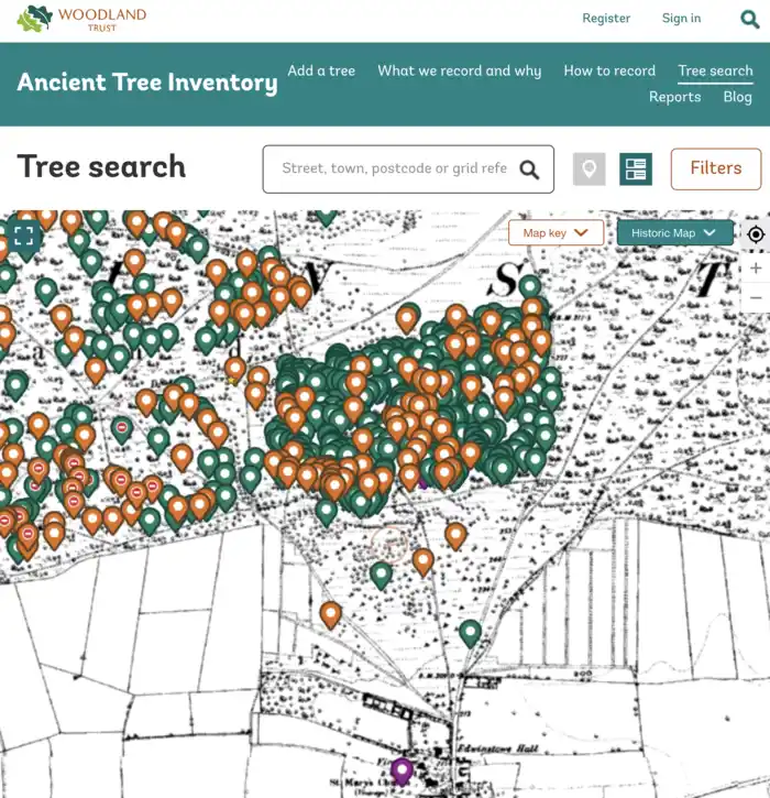 aside Screenshot of the Ancient Tree Inventory search page